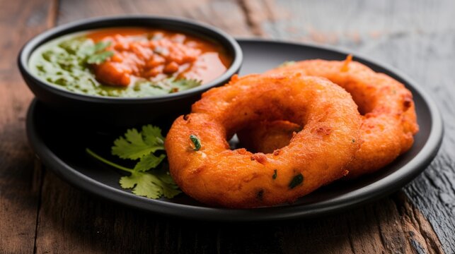 South Indian Style Medu Vada (Garelu) with Sauce Served on Plate, Ready to be Eaten and Enjoyed.