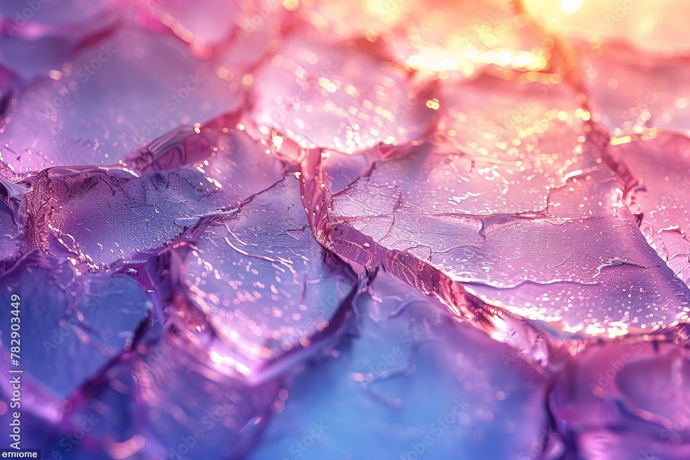 Poster macro photography showing a textured surface with a gradient of pink to blue with detailed light ref