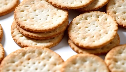 Fototapeta na wymiar Delicious crispy round crackers isolated on white, concept of making homemade cookies 