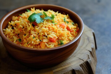 appetizing fried rice dish garnished with tomatoes piece, parsley and peppers, creating an inviting scene.