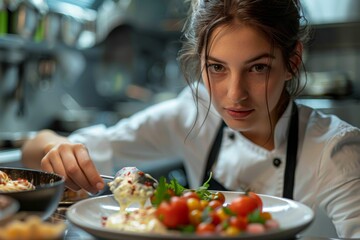 A young female chef is intently garnishing a dish with utmost care and precision in a professional kitchen setting