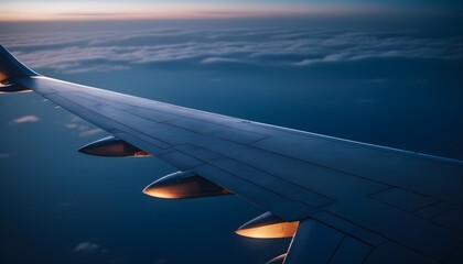 Airplane wing in dim light at blue hour, airplane travel concept, no borders
