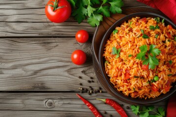 top view of appetizing fried rice dish garnished with tomatoes piece, parsley and peppers on wooden table, creating an inviting scene.