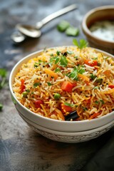 Freshly cooked delicious veg biryani (rice dish) and various toppings in bowl, inviting the viewer to enjoy a serving of this delectable dish.