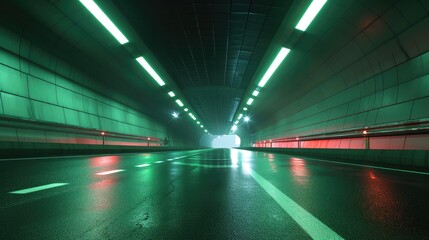 Empty Urban Tunnel with Illuminated Green Lights