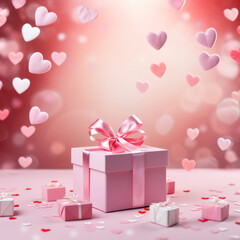 Delicate pink square card with gift box tied with silk ribbon. Surprise illustration. Gift with pink hearts