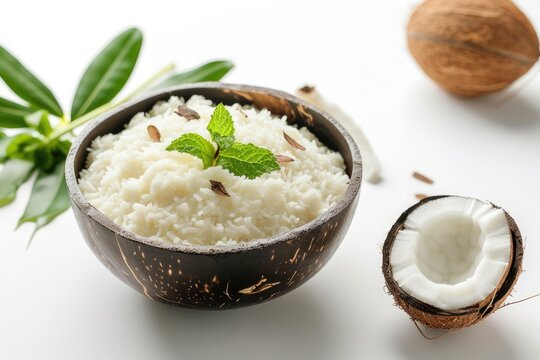 Delicious White Rice Filled with Coconut Bowl on White Background, Closeup Image.