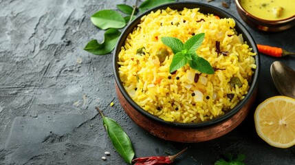 wooden bowl filled with delicious Indian rice dish (poha) and various toppings, inviting the viewer to enjoy a serving of this delectable dish. - obrazy, fototapety, plakaty