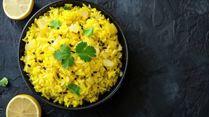 wooden bowl filled with delicious Indian rice dish (poha) and various toppings, inviting the viewer to enjoy a serving of this delectable dish. - obrazy, fototapety, plakaty