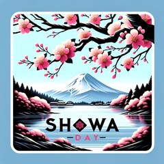 Illustration for showa day with a mount fuji and cherry blossoms trees.