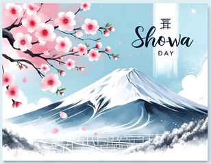 Watercolor illustration for showa day with a mount fuji and cherry blossoms in the foreground.