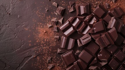 World Chocolate Day Concept. Various chocolates in dark color. Space for text. Banner, background, template. Happy chocolate day. - obrazy, fototapety, plakaty