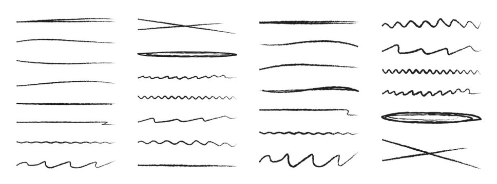 Hand drawn black charcoal lines. Isolated strike through and underline elements. Typography ink brush lines. Vector illustration on white background