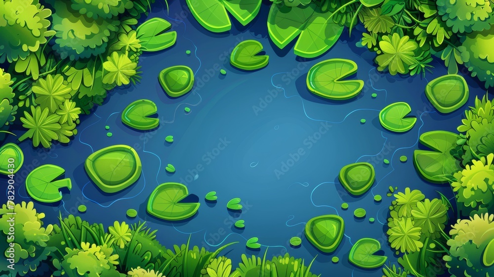 Poster view of swamp in the middle of a pond with water lilies and duckweed. natural background with marsh 
