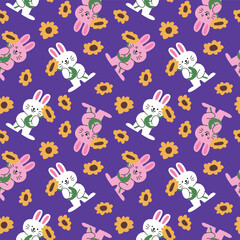 CUTE BUNNY IS HOLDING A SUNFLOWER SEAMLESS PATTERN
