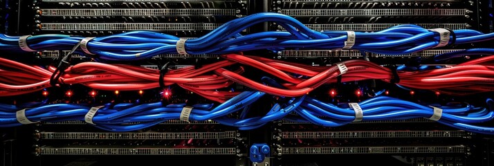 A wall with rows of blue and redinternet cables and led lights in data centre server room