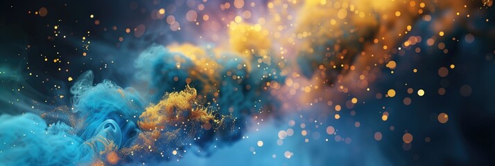 Shimmering gold dust and blue smoke background panorama for artistic design and advertising promotion packaging branding background