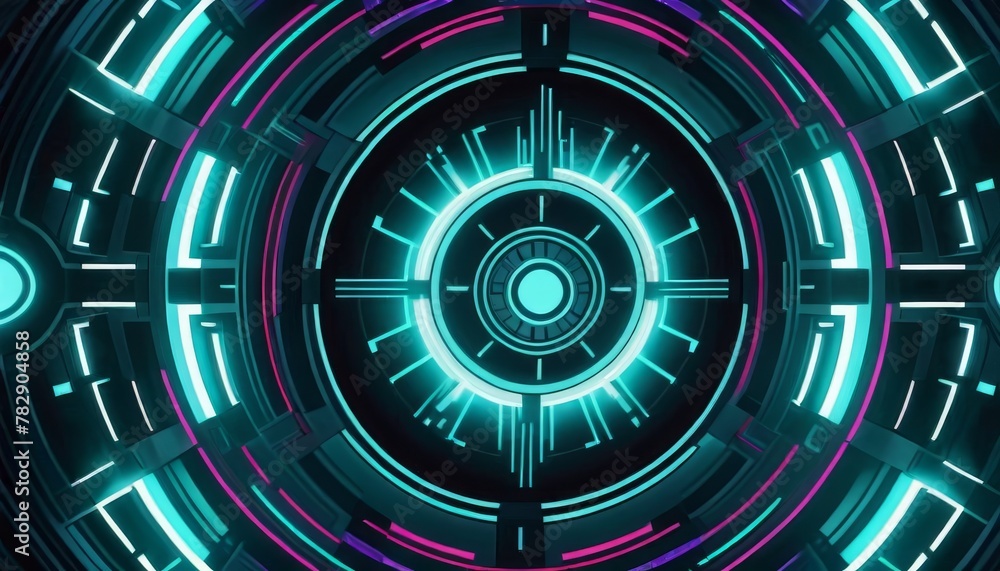 Poster a mesmerizing neon circuitry pattern with a cybernetic aesthetic in shades of teal and pink, emanati