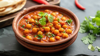 Delicious Spicy Indian Chickpea Curry Served in Bowl on Dining Table.