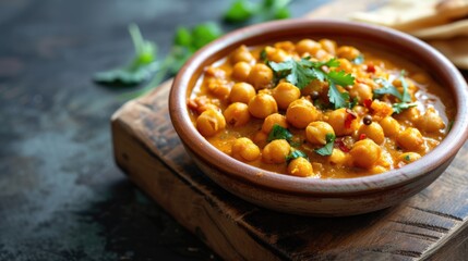 Delicious Spicy Indian Chickpea Curry Served in Bowl on Dining Table.