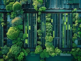 Urban Oasis: Aerial View of Green Rooftop Gardens ,aerial photograph captures the innovative blend of nature and urban architecture, showcasing lush rooftop gardens atop a modern building complex