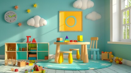 Realistic 3D Modern Illustration of a kids table with a poster mockup, chair, toy cubes, pyramid and cloud decoration on the wall. Child playroom interior with wooden furniture and stuff for games