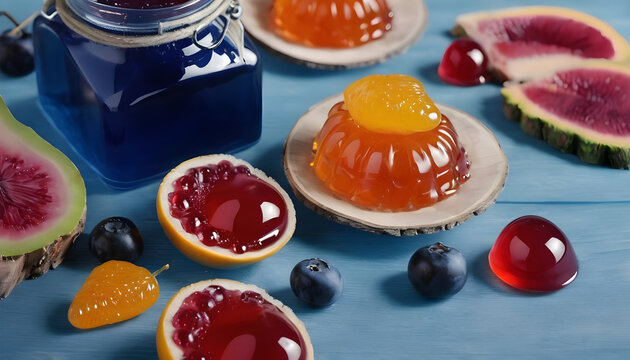 Blue wooden table with delicious fruit jelly 2