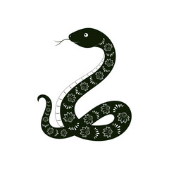 Black snake with flower pattern on white background. Vector illustration.