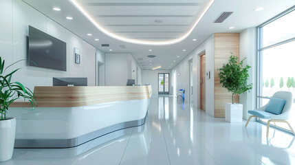 Hospital waiting room with reception counter at medical facility