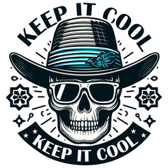 A skull with a hat that says keep cool. Sunglasses and hat-wearing skull. Well-organized design shape and smoothly vectorized. 