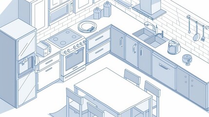 Servette table, oven, range hood, refrigerator, pots and utensils. Kitchen isometric landing page. 3D modern line art web banner.