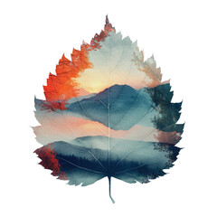 a beautiful sunset and mountain scene inside the leaf 