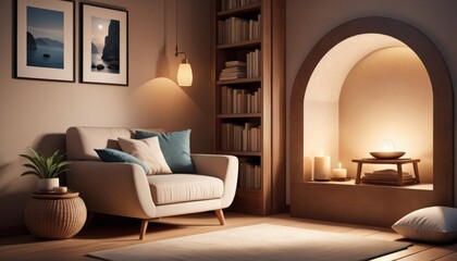 A contemporary living room in soft lighting, with a comfy sofa, decorative pillows, and a serene arched alcove with candles.. AI Generation. AI Generation