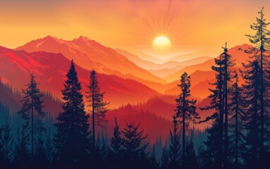 Sunset and silhouettes of trees in the mountains