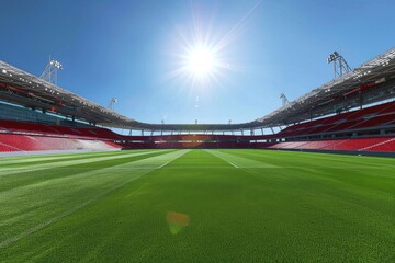 Soccer stadium with green grass field and red seats. - Powered by Adobe