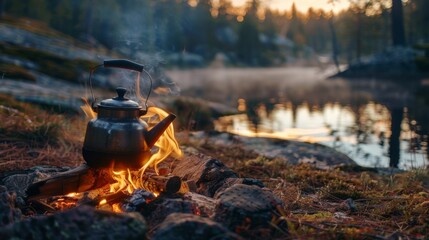 A small kettle heating on a bonfire. Outdoor recreation concept in nature