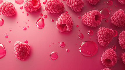 Ripe juicy raspberries with water drops on raspberry background. Colorful berry splash. Healthy...