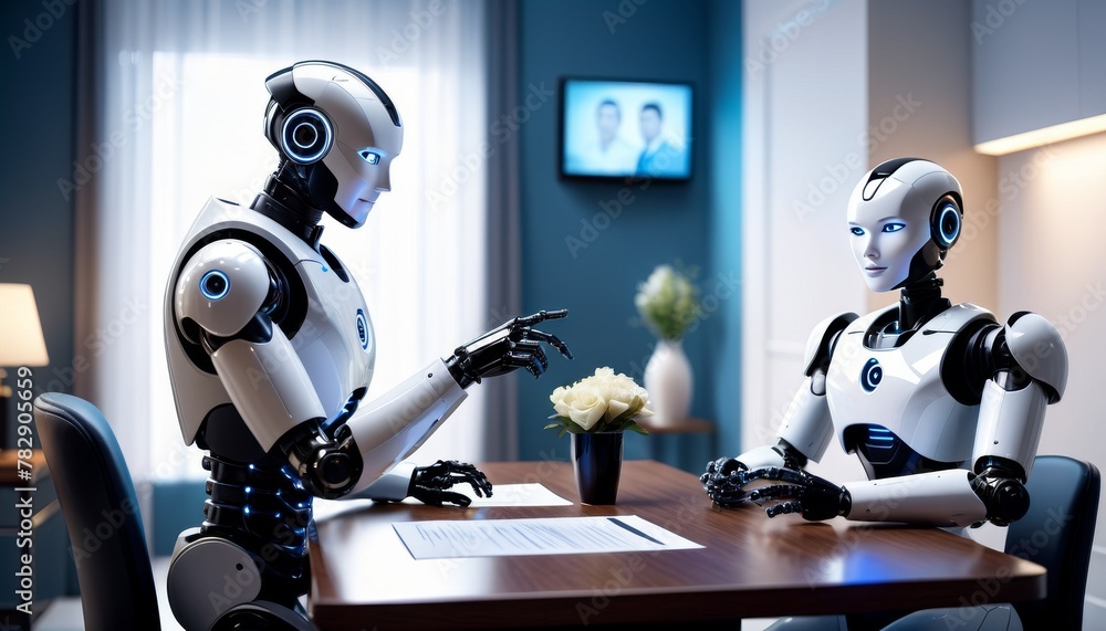 Poster two robots engage in a discussion in a contemporary office, showcasing advanced communication betwee