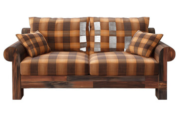 A midcentury modern wooden sofa with brown and orange plaid cushions