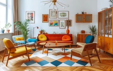 interior design photography of a Polish retro living room, with 1960's Polish designer furniture, white walls, vibrant but desaturated colors, glossy wood cabinets, hardwood floors