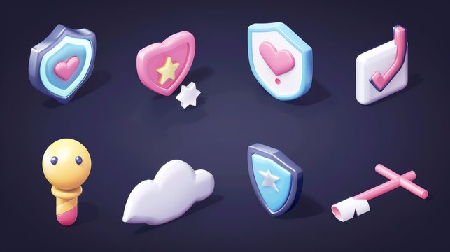 An isolated 3d modern set of navigation pins, shields, clouds, speech bubbles, crossed arrows, stars, and hearts for computer security, messenger, or map application.