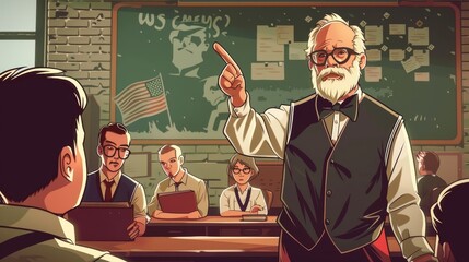 Cartoon posters with senior historian explaining lesson to students sitting at desks, with human silhouettes in front of image of man holding the USA flag. - obrazy, fototapety, plakaty
