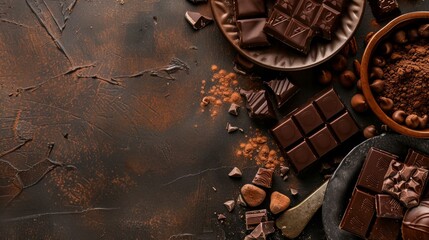 World Chocolate Day Concept. Various chocolates in dark color. Space for text. Banner, background, template. Happy chocolate day. Delicious background. - Powered by Adobe