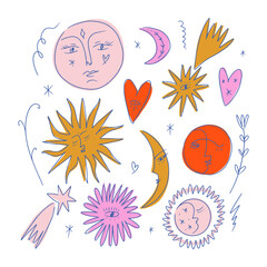 Vintage stylish freaky cool funny doodle stellar characters. Hand-drawn set of crescent moon, sun, comets, sacred heart. Antique poster abstraction collection art - 782906690