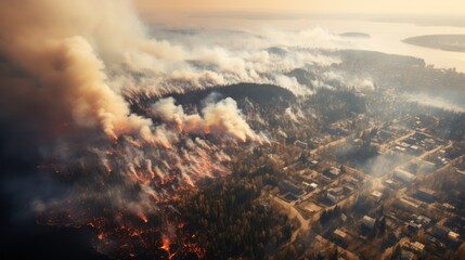 Aerial view of urban heavy with smoke from massive wildfires,forest fire,
