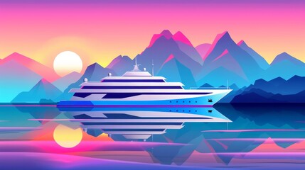 Sunset on a cruise ship with mountains in the background - obrazy, fototapety, plakaty