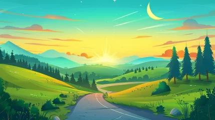 Fotobehang In the afternoon, a summer landscape with green fields, hills and coniferous forest is illustrated on this modern cartoon. © Mark