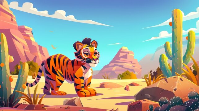 Wild nature cartoon web banner. Baby tiger cub hunting in African desert natural landscape. Zoo park in deserted Africa with cacti, rocks, and animal rescue, modern illustration.