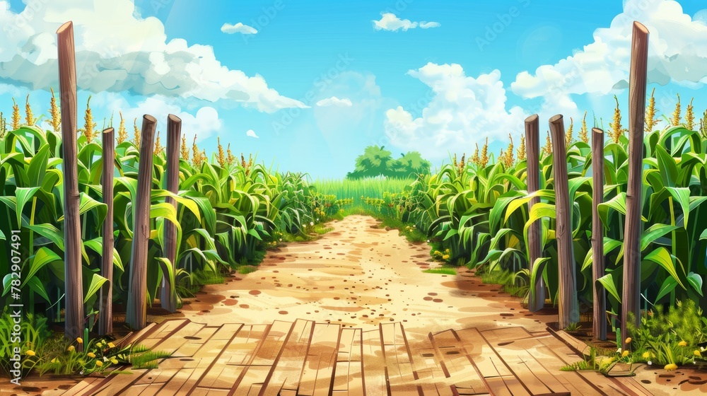 Poster a cartoon scenery with nature 2d landscape with separated layers for a game scene. labyrinth and maz