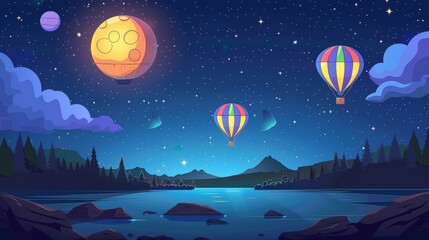 Night starry sky with full moon and clouds over lake with rocks and conifers trees. Aerial flight travel, midnight scenery landscape, Cartoon modern illustration, background.